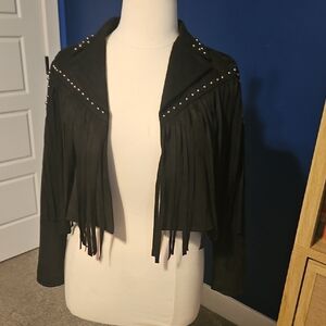 Black Fringe Jacket with Studded Details